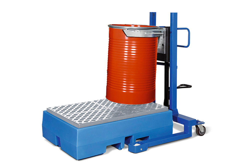 Fassheber Servo, Fassklammer, 200-l-Stahlfässer, Fahrwerk breit, Hubhöhe 0-520 mm - 1