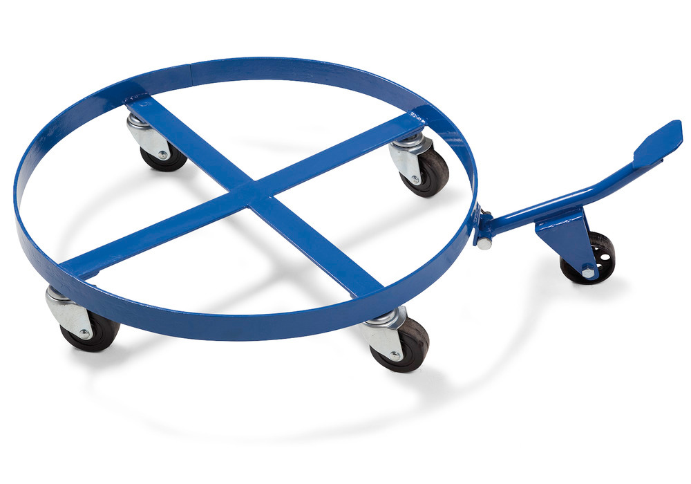 Fassroller aus Stahl, für 200-Liter-Fässer, mit Kippmechanik, 4 Lenkrollen, blau - 1