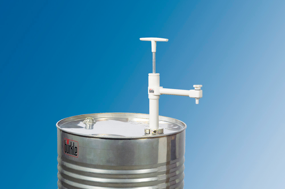 Fasspumpe Ultrarein mit festem Auslaufbogen und Absperrhahn aus PTFE, Tauchtiefe 950 mm - 1