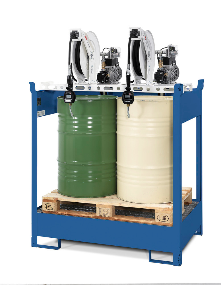 Öl-Abgabestation mit Wanne für 2 Fässer, 2xElektropumpe, Schlauchaufroller 10m, Zapfpistole,Zähler - 1