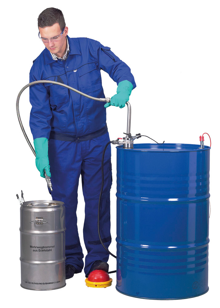 Lösemittelpumpe aus Edelstahl, für Fußbetrieb mit Auslaufschlauch - 1