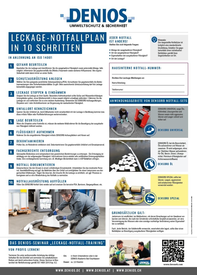 DENSORB Poster Leckage-Notfallplan in 10 Schritten, deutsch - 1