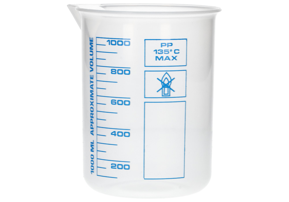 Griffinbecher aus PP, Laborbecher mit aufgedruckter blauer Volumenskala, 1000ml, 12Stück - 1