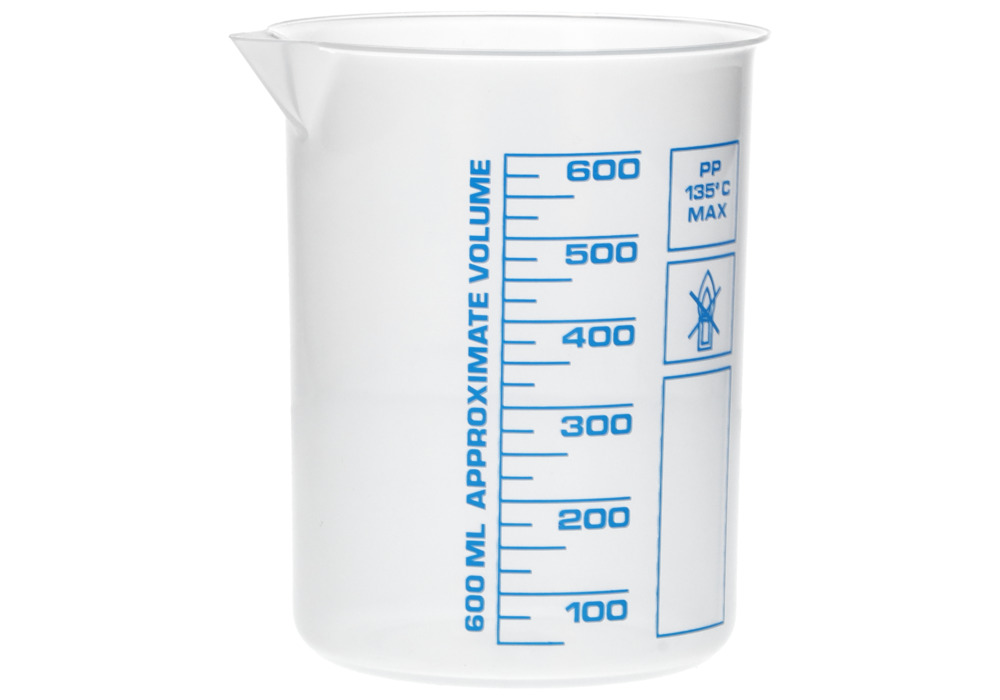 Griffinbecher aus PP, Laborbecher mit aufgedruckter blauer Volumenskala, 600 ml, 12 Stück - 1