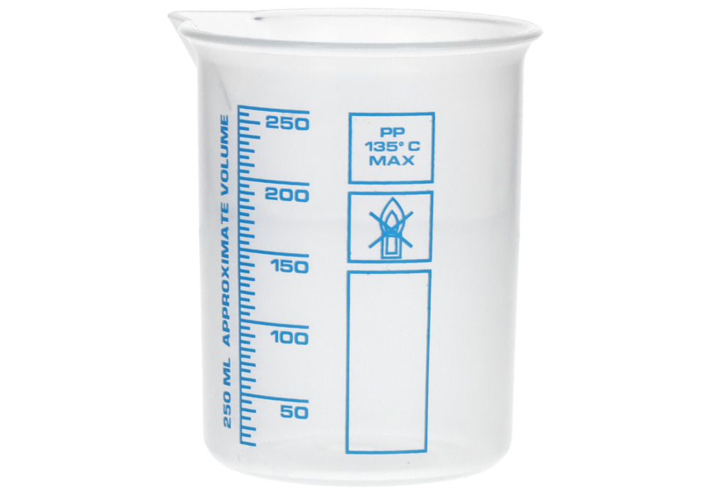 Griffinbecher aus PP, Laborbecher mit aufgedruckter blauer Volumenskala, 250 ml, 24 Stück - 1