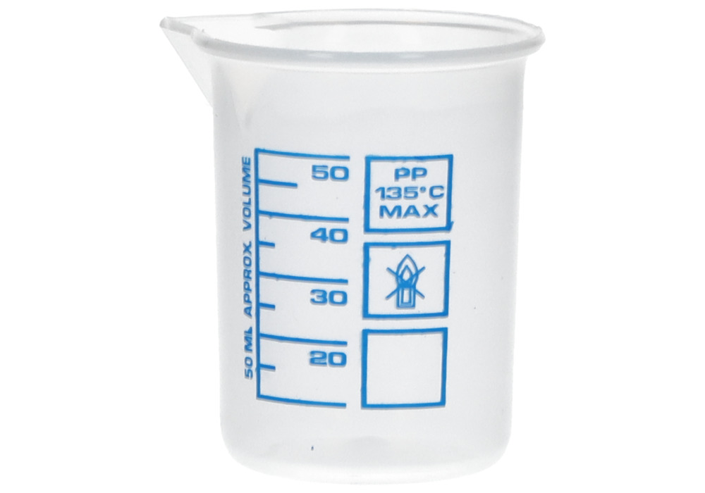 Griffinbecher aus PP, Laborbecher mit aufgedruckter blauer Volumenskala, 50 ml, 24 Stück - 1