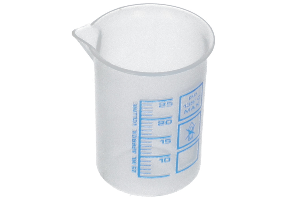 Griffinbecher aus PP, Laborbecher mit aufgedruckter blauer Volumenskala, 25 ml, 12 Stück - 1