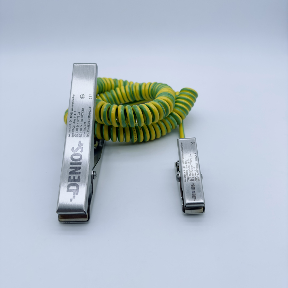 Spiral-Erdungskabel mit 2 Edelstahl-Zangen 1x60/1x140 mm, 3 m Auszugslänge, ATEX - 1