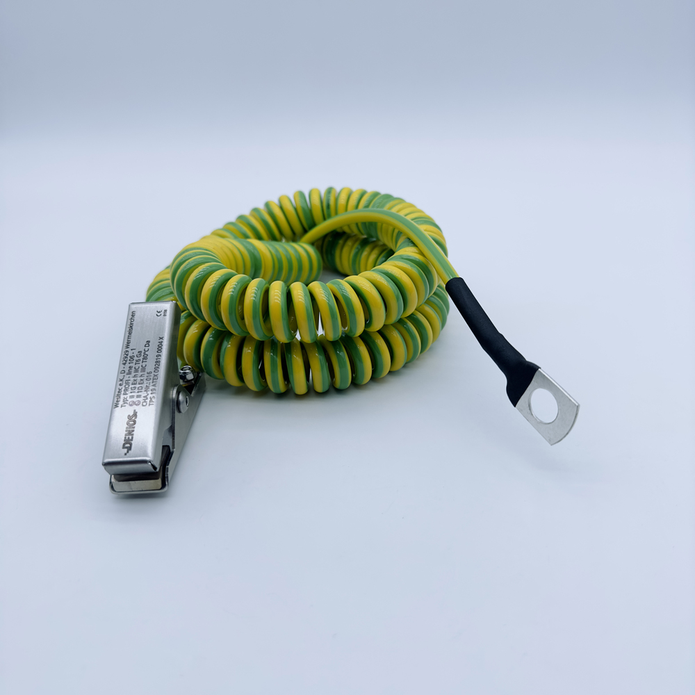 Spiral-Erdungskabel Mini mit 1 Edelstahl-Zange 60 mm und 1 Öse, 3 m Auszugslänge, ATEX - 1