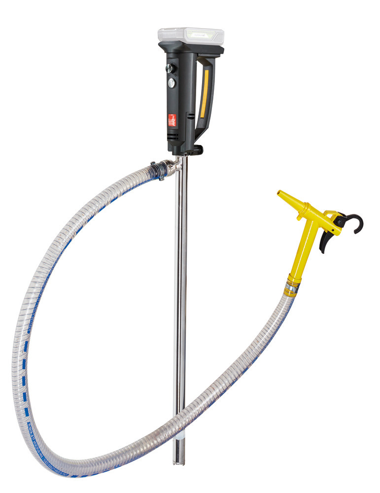 Akku-Pumpe B2 aus Niro, für Säuren/Laugen, 260 W, 700 mm Tauchtiefe, Schlauch 1,5 m, Zapfventil - 1